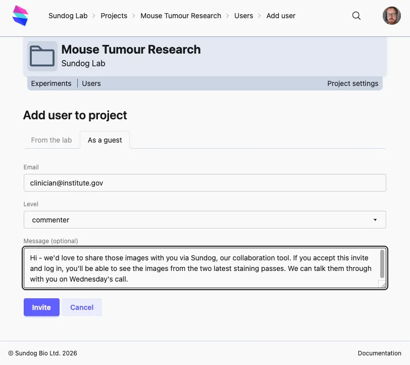 Inviting a user as a guest to a project